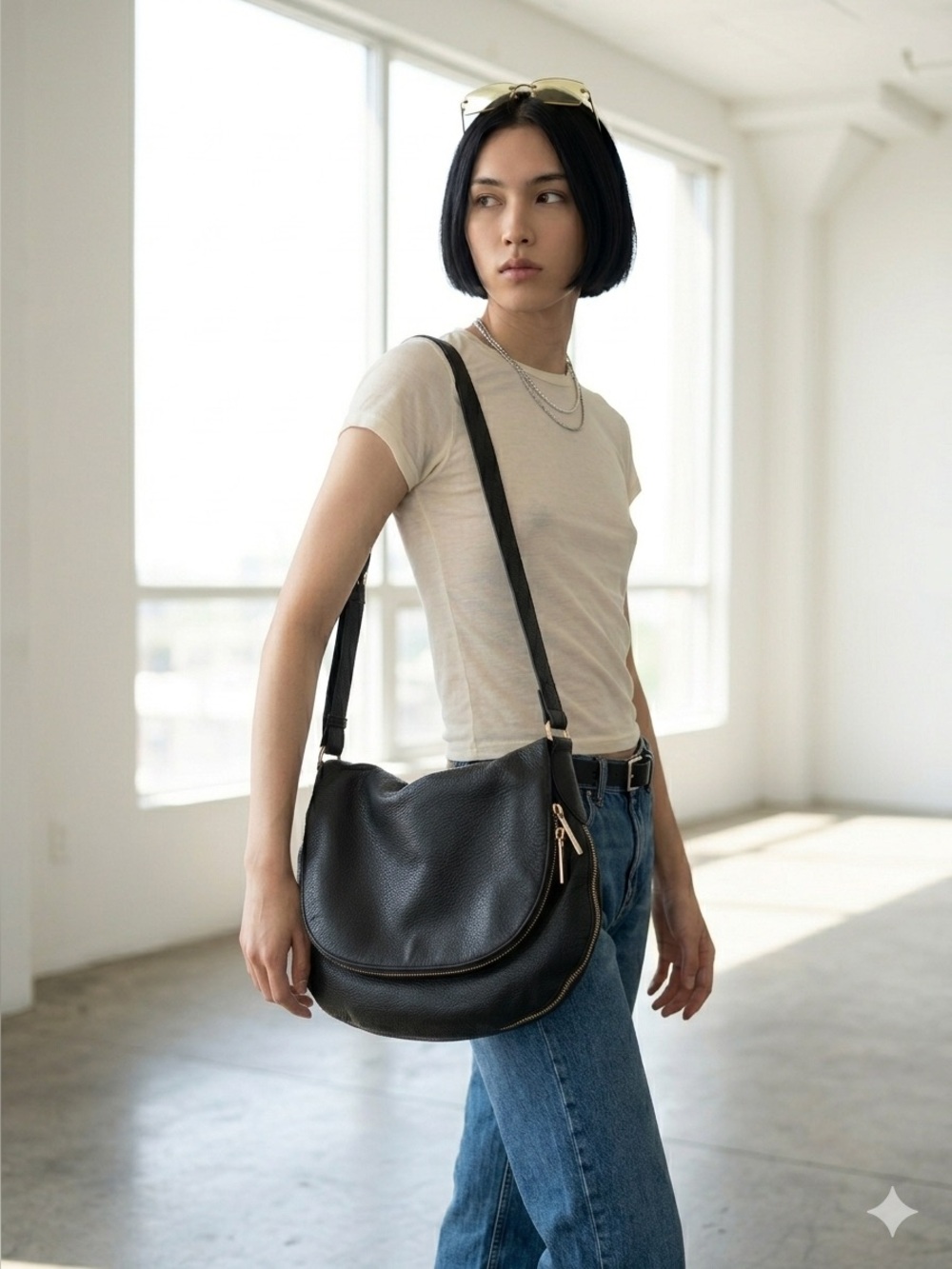 Danier Black Pebbled Leather Foldover Crossbody / Hobo Shoulder Bag